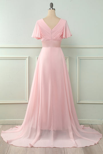 V Pescoço Rosa Dama de Honra Vestido com Ruffles